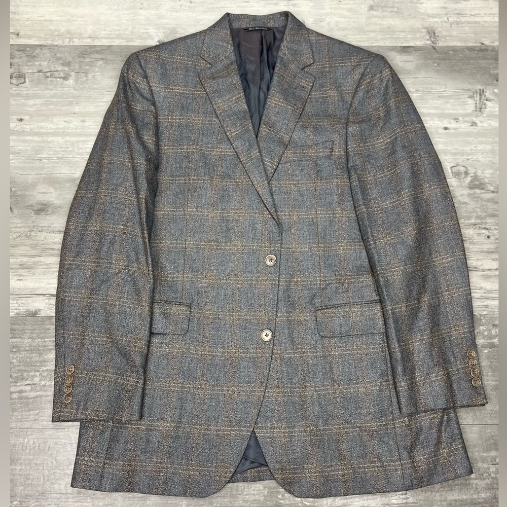 JAZ Grey/Blue w/ Gold & Tan Plaid Silk Sport Coat 44L